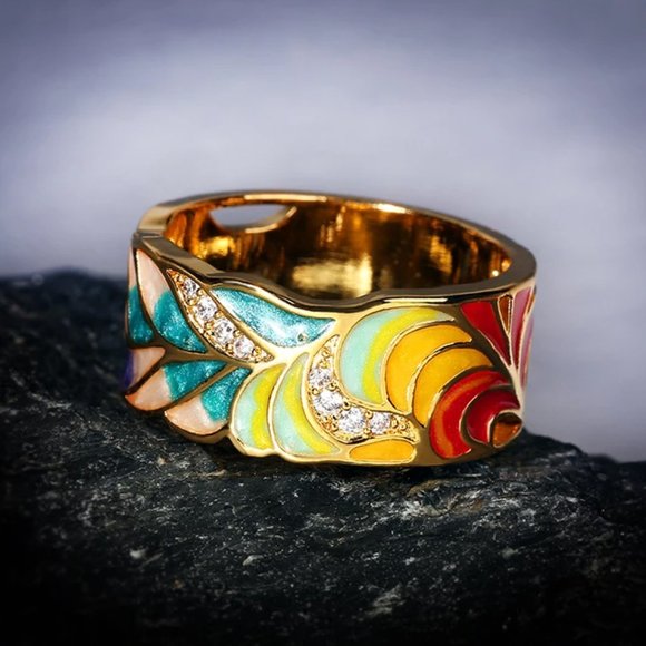 S925 Silver plated multi color fashion ring with golden color feathering. - Picture 12 of 12